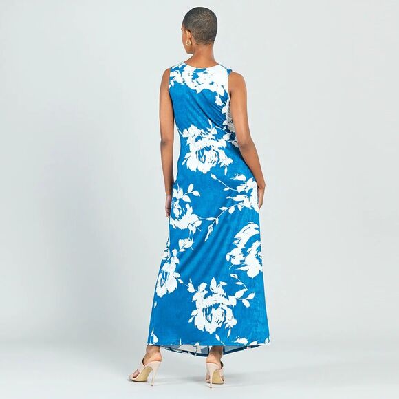 CLARA SUN WOO Crushed Silk Knit Center Slit Maxi Dress Sz M 12 Blue White Floral - Picture 15 of 15